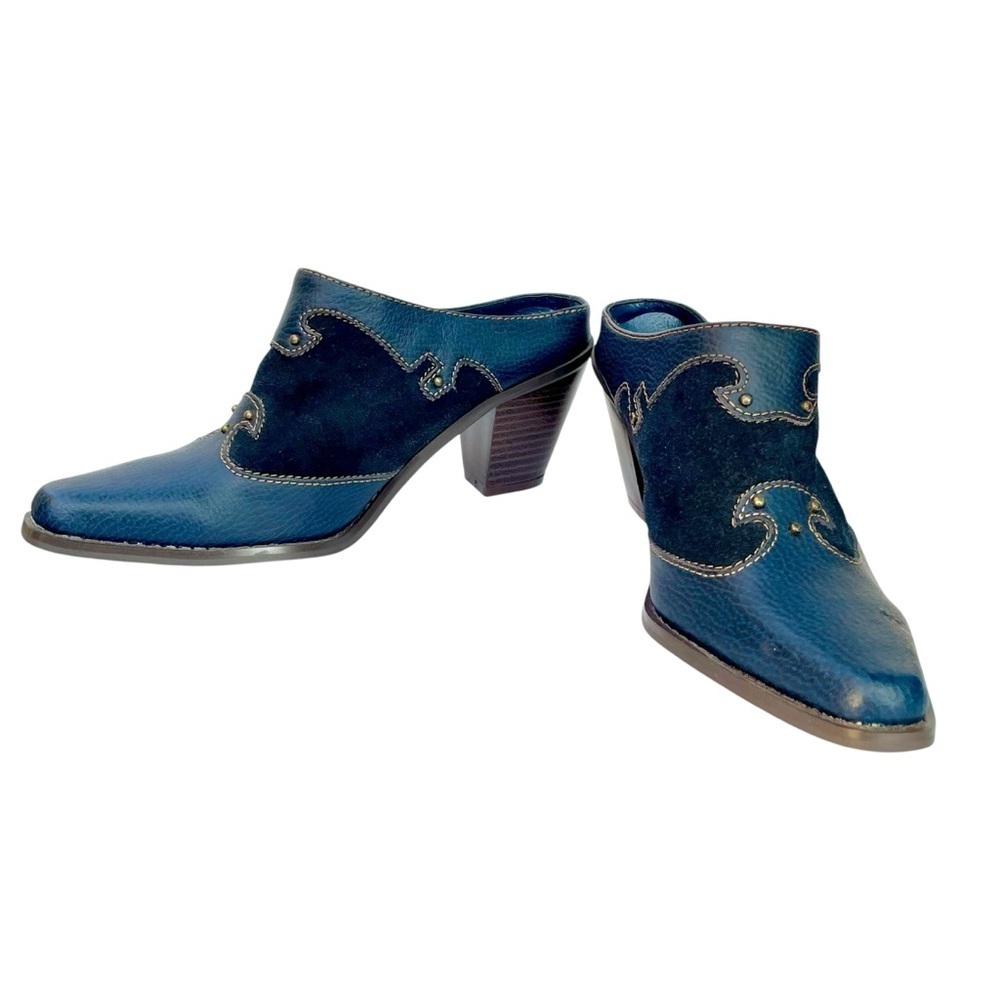 Vintage Coastal Cowgirl Western Navy Blue Suede Leather Mule Heels Size 6 - Picture 3 of 16